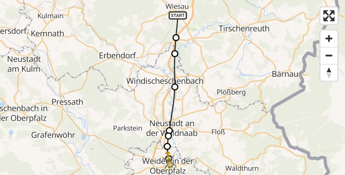 Flugroute Ambulanzhubschrauber Wiesau - Weiden Hospital, 28 September 2026, 06:31