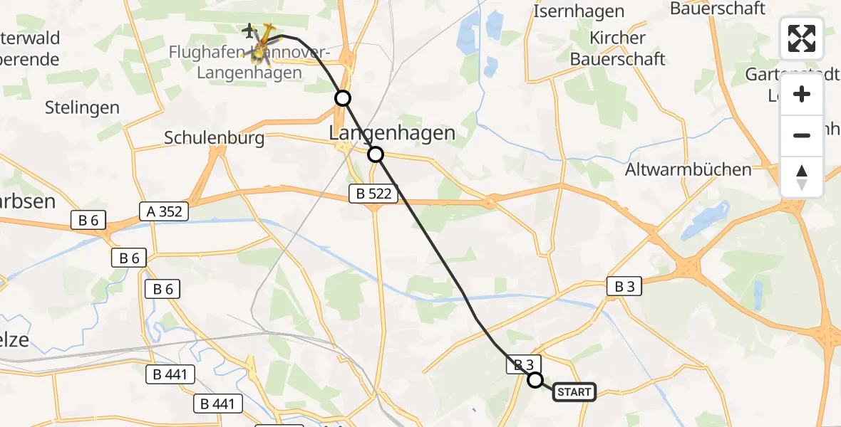 Flugroute Rettungshubschrauber Hannover Luftrettung Hubschrauberlandeplatz (Christoph 4) - Flughafen Hannover, 28 September 2026, 06:31