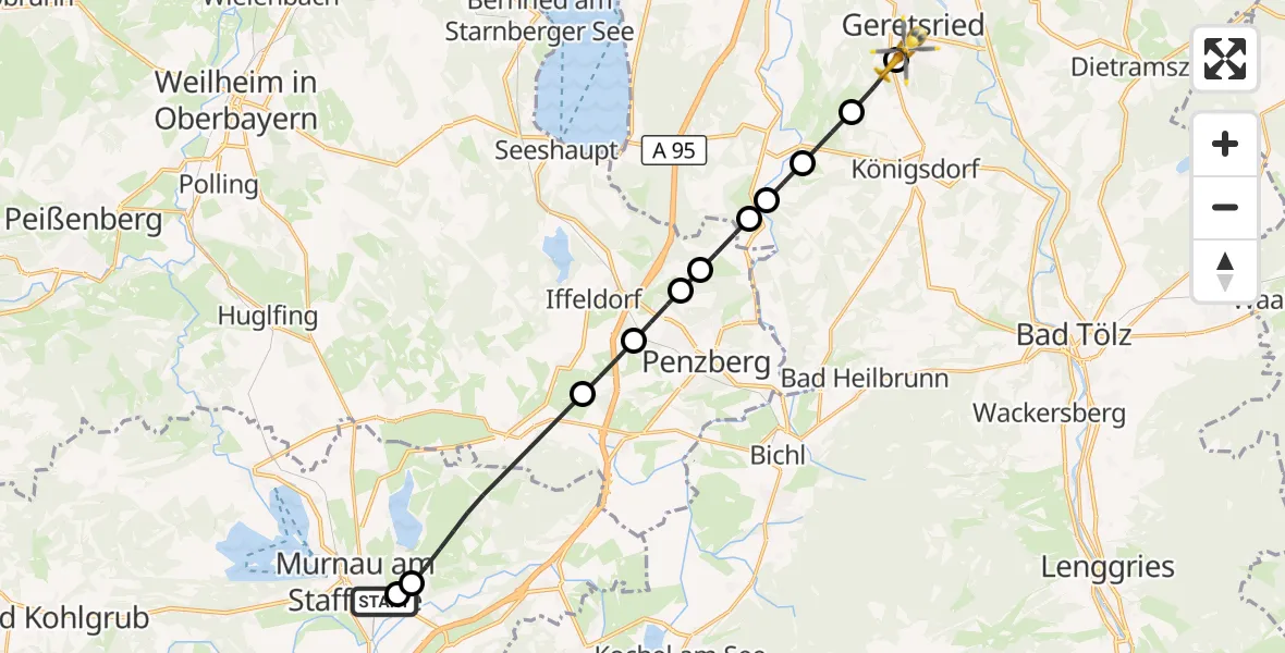 Flugroute Rettungshubschrauber Murnau Accident Hospital - Geretsried, 28 September 2026, 06:33