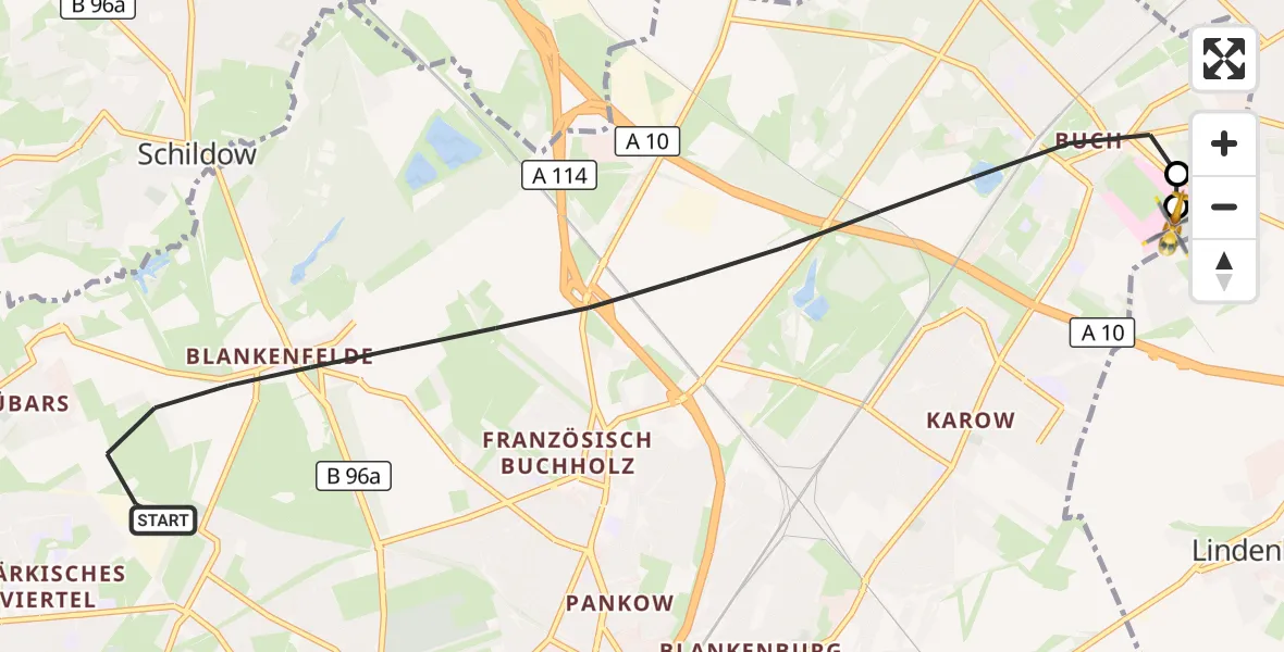 Flugroute Rettungshubschrauber Berlin - Helios Clinic Berlin-Buch, 28 September 2026, 06:55