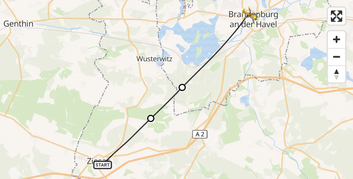 Flugroute Rettungshubschrauber Ziesar - Brandenburg an der Havel, 28 September 2026, 06:58