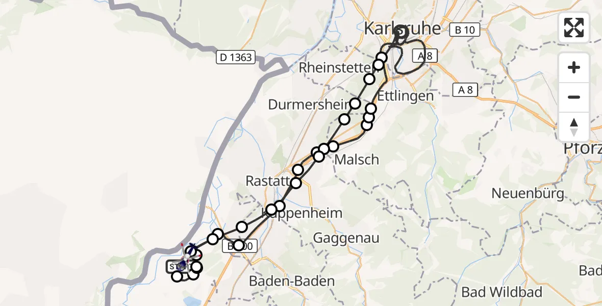 Flugroute Polizeihubschrauber Karlsruhe Baden-Baden Flughafen - Karlsruhe Baden-Baden Flughafen, 28 September 2026, 07:01
