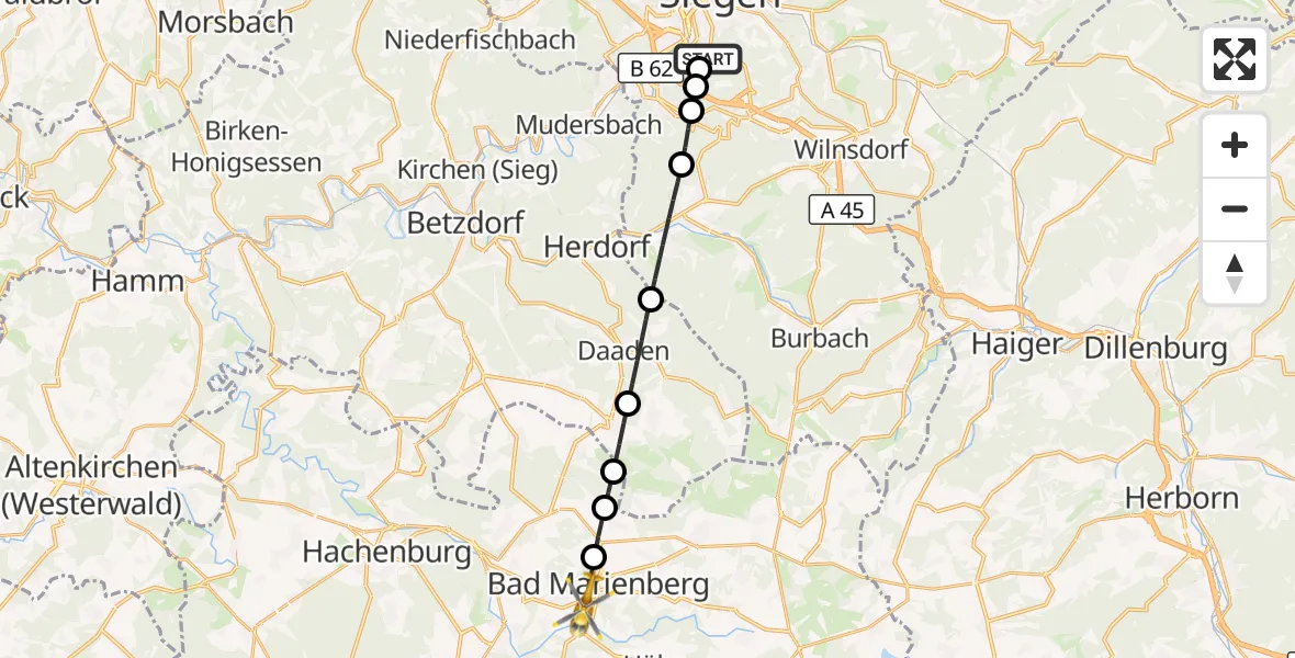 Flugroute Rettungshubschrauber Evangelisches Jung-Stilling Hospital - Bad Marienberg (Westerwald), 28 September 2026, 07:05