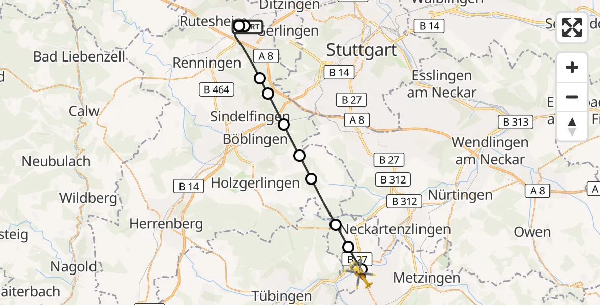 Flugroute Rettungshubschrauber Leonberg Hospital - Reutlingen, 28 September 2026, 07:16