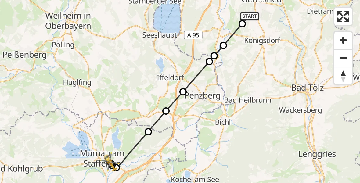 Flugroute Rettungshubschrauber Königsdorf - Murnau Accident Hospital, 28 September 2026, 07:17