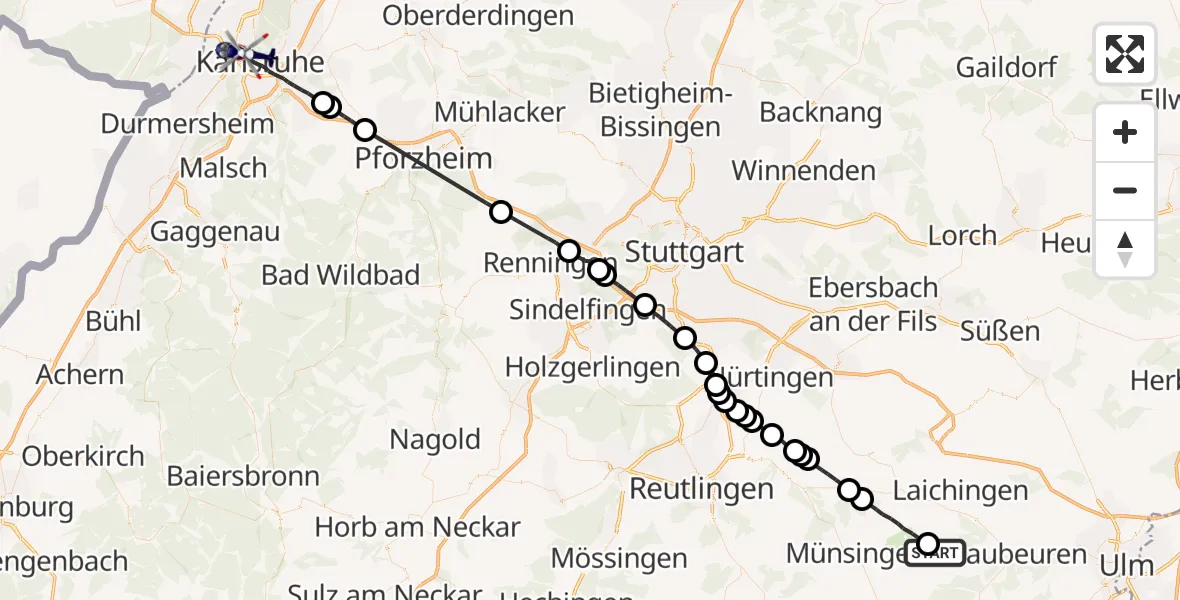 Flugroute Polizeihubschrauber Heroldstatt - Karlsruhe, 28 September 2026, 07:21
