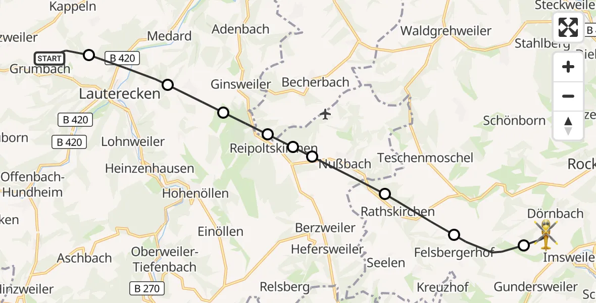 Flugroute Rettungshubschrauber Grumbach - Rockenhausen, 28 September 2026, 07:22