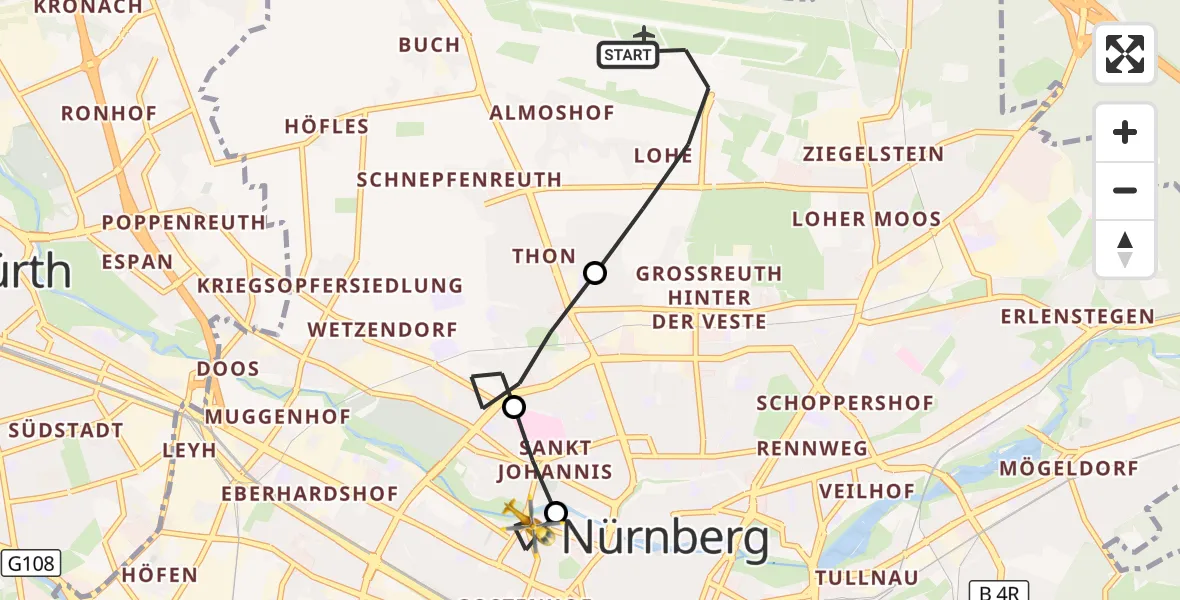 Flugroute Ambulanzhubschrauber Flughafen Nuremberg - Deutschherrnwiese Hubschrauberlandeplatz, 28 September 2026, 07:23