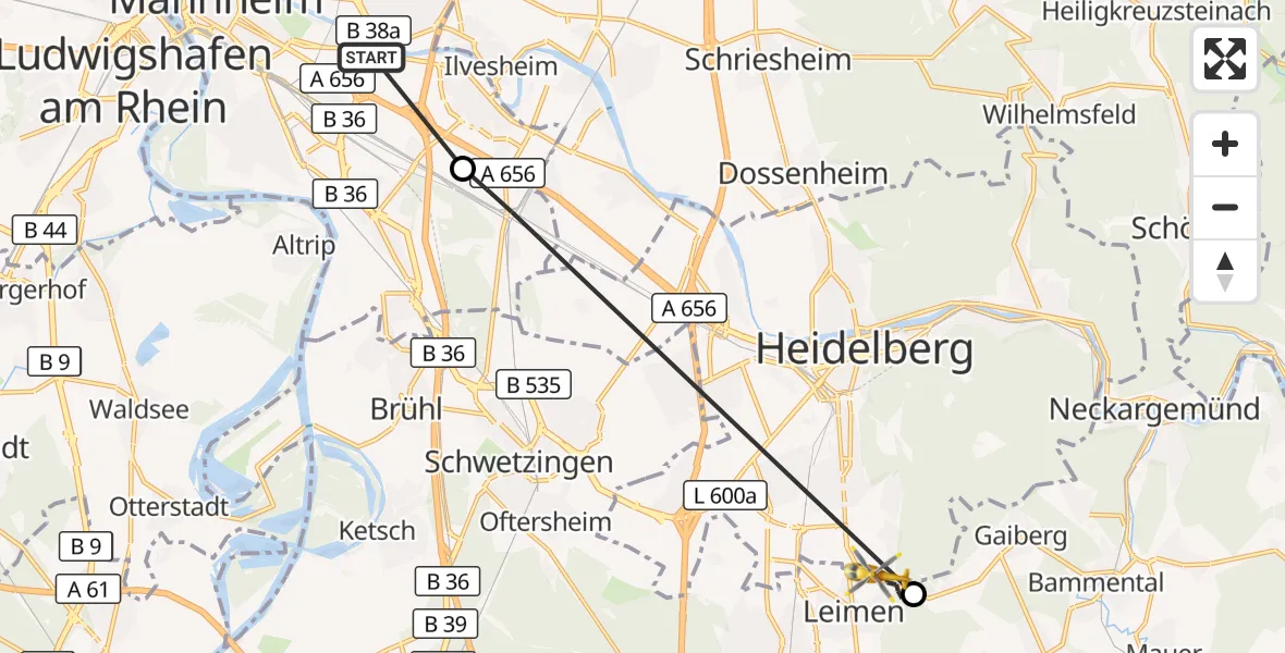 Flugroute Rettungshubschrauber Mannheim-City Flughafen - Leimen, 28 September 2026, 07:36