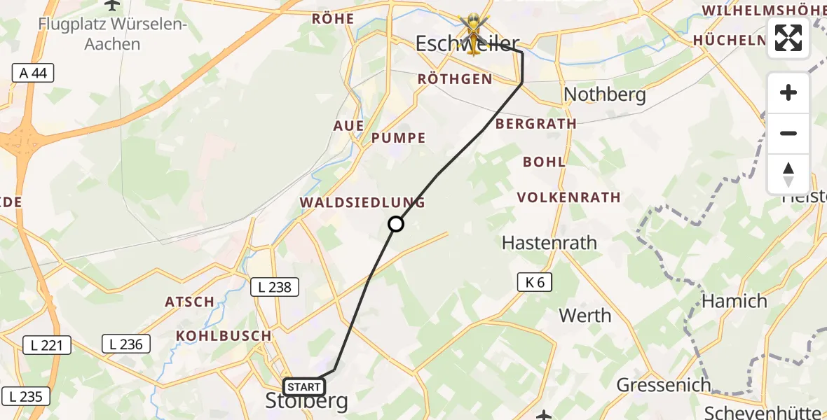 Flugroute Rettungshubschrauber Stolberg (Rhld.) - Eschweiler, 28 September 2026, 07:46