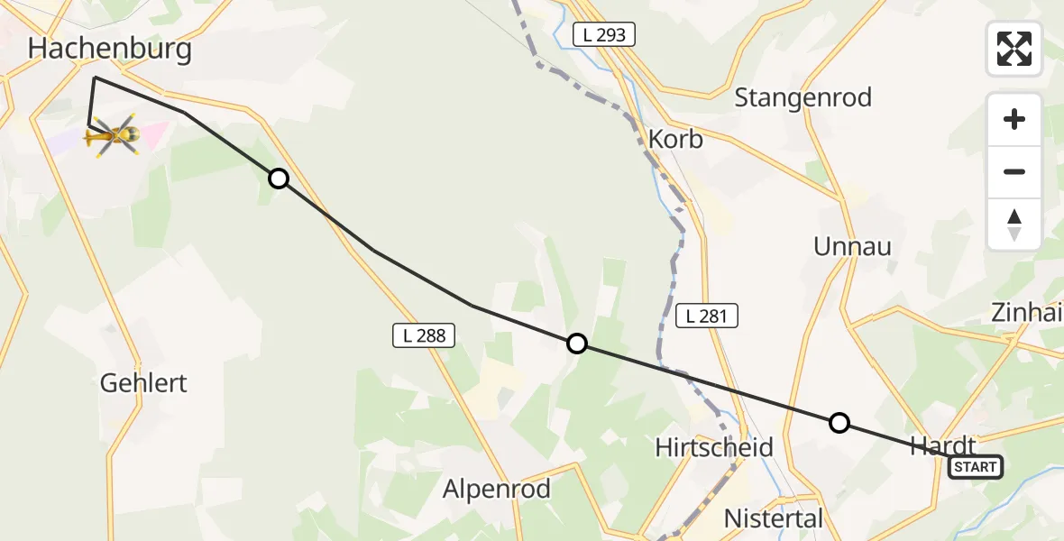 Flugroute Rettungshubschrauber Hardt - Hachenburg, 28 September 2026, 07:47