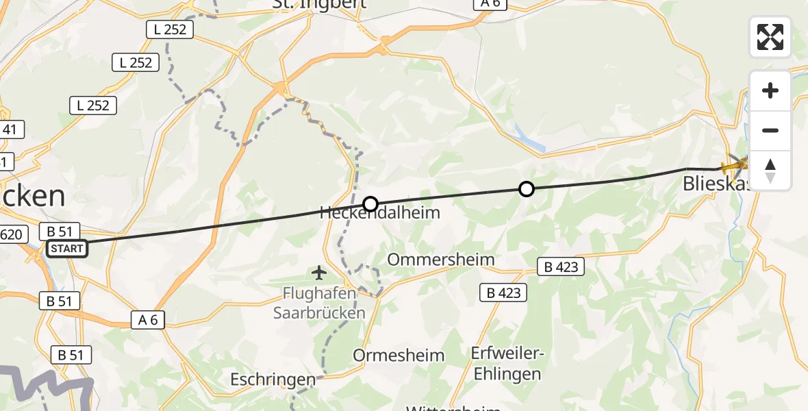 Flugroute Rettungshubschrauber Saarbrücken - Blieskastel, 28 September 2026, 07:53