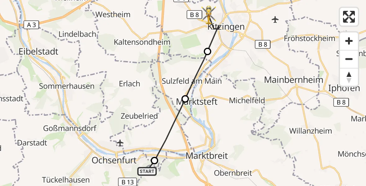 Flugroute Rettungshubschrauber Ochsenfurt Hospital - Kitzingen, 28 September 2026, 07:53