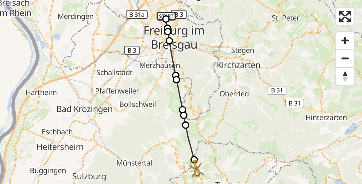 Flugroute Ambulanzhubschrauber Freiburg im Breisgau Flugplatz - Wieden, 28 September 2026, 07:57