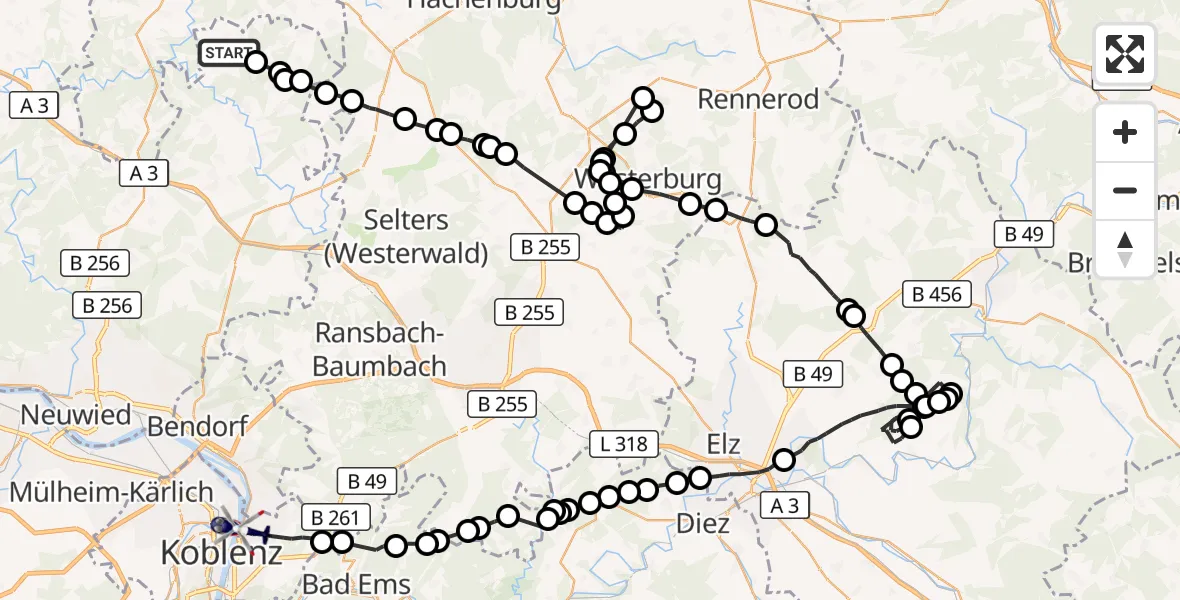 Flugroute Polizeihubschrauber Steimel - Koblenz, 28 September 2026, 07:58