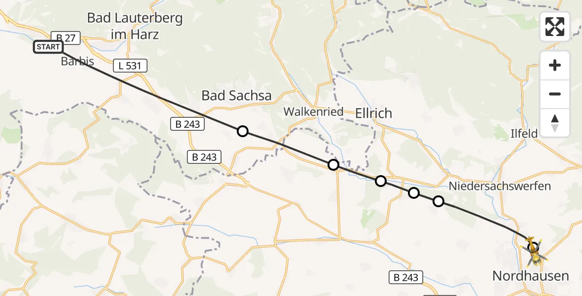 Flugroute Rettungshubschrauber Bad Lauterberg im Harz - Südharz Hospital Nordhausen, 28 September 2026, 08:07