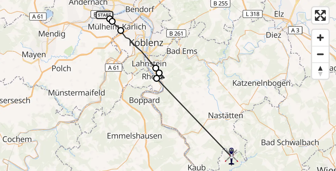 Flugroute Polizeihubschrauber Weißenthurm - Lorch, 28 September 2026, 08:07