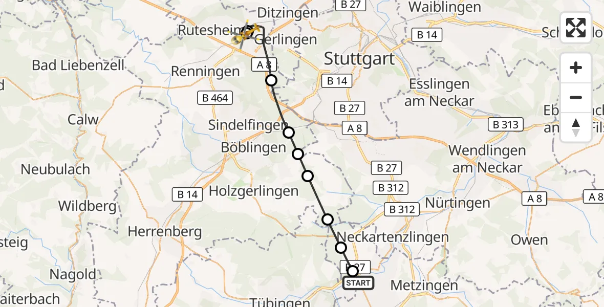 Flugroute Rettungshubschrauber Reutlingen - Leonberg Hospital, 28 September 2026, 08:11