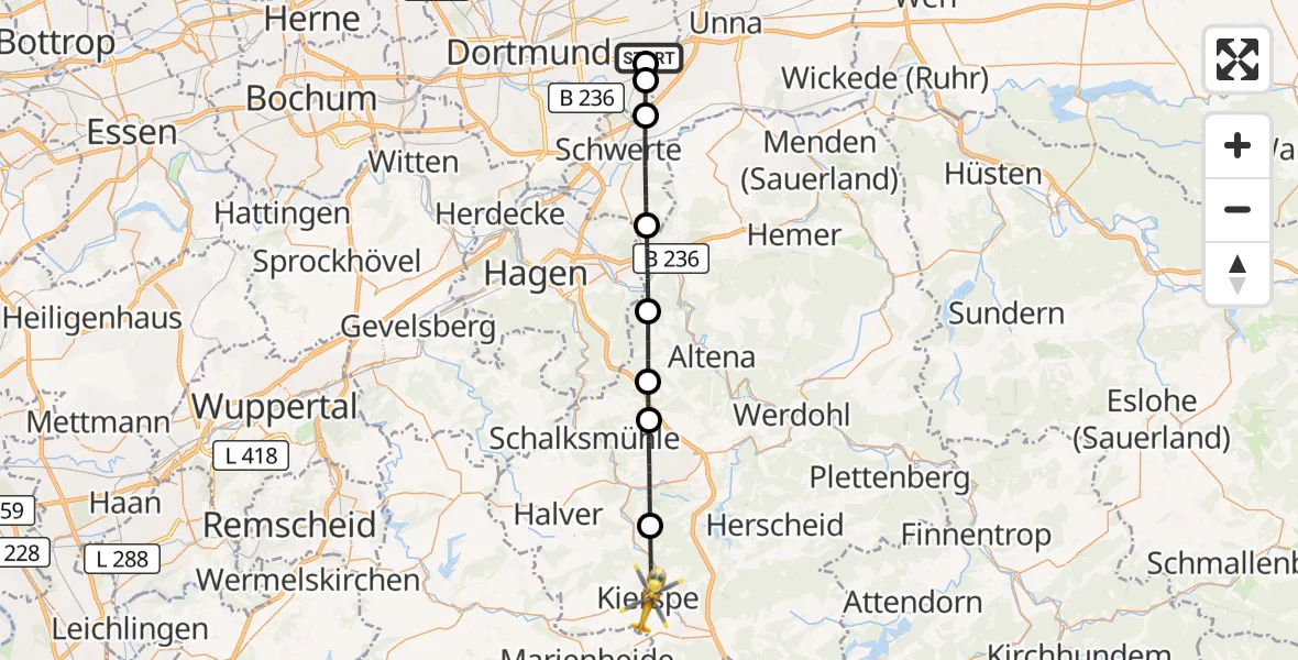 Flugroute Rettungshubschrauber Dortmund Flughafen - Kierspe, 28 September 2026, 08:12
