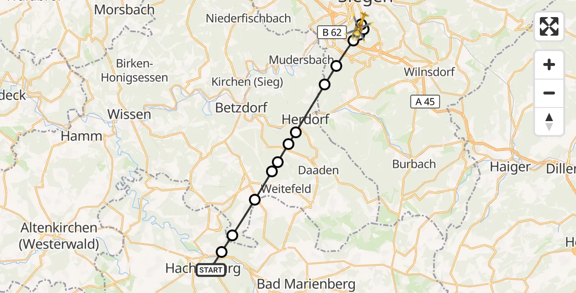 Flugroute Rettungshubschrauber Hachenburg - Evangelisches Jung-Stilling Hospital, 28 September 2026, 08:12