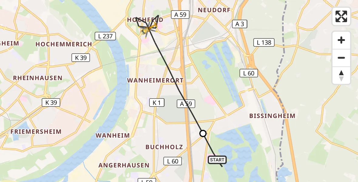 Flugroute Rettungshubschrauber Duisburg Air Rescue Hubschrauberlandeplatz (Christoph 9) - Duisburg, 28 September 2026, 08:13