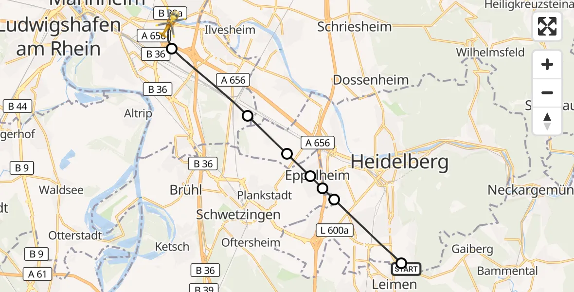 Flugroute Rettungshubschrauber Leimen - Mannheim-City Flughafen, 28 September 2026, 08:32