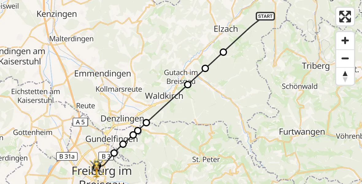 Flugroute Rettungshubschrauber Elzach - Freiburg University Hospital Heliport 2, 28 September 2026, 08:36