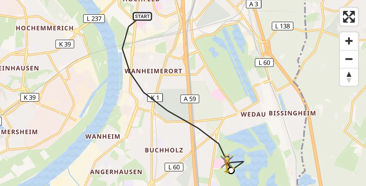 Flugroute Rettungshubschrauber Duisburg - Duisburg Air Rescue Hubschrauberlandeplatz (Christoph 9), 28 September 2026, 08:40