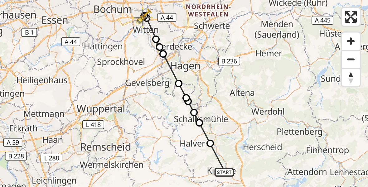 Flugroute Rettungshubschrauber Kierspe - Bochum University Miners' Hospital, 28 September 2026, 08:47