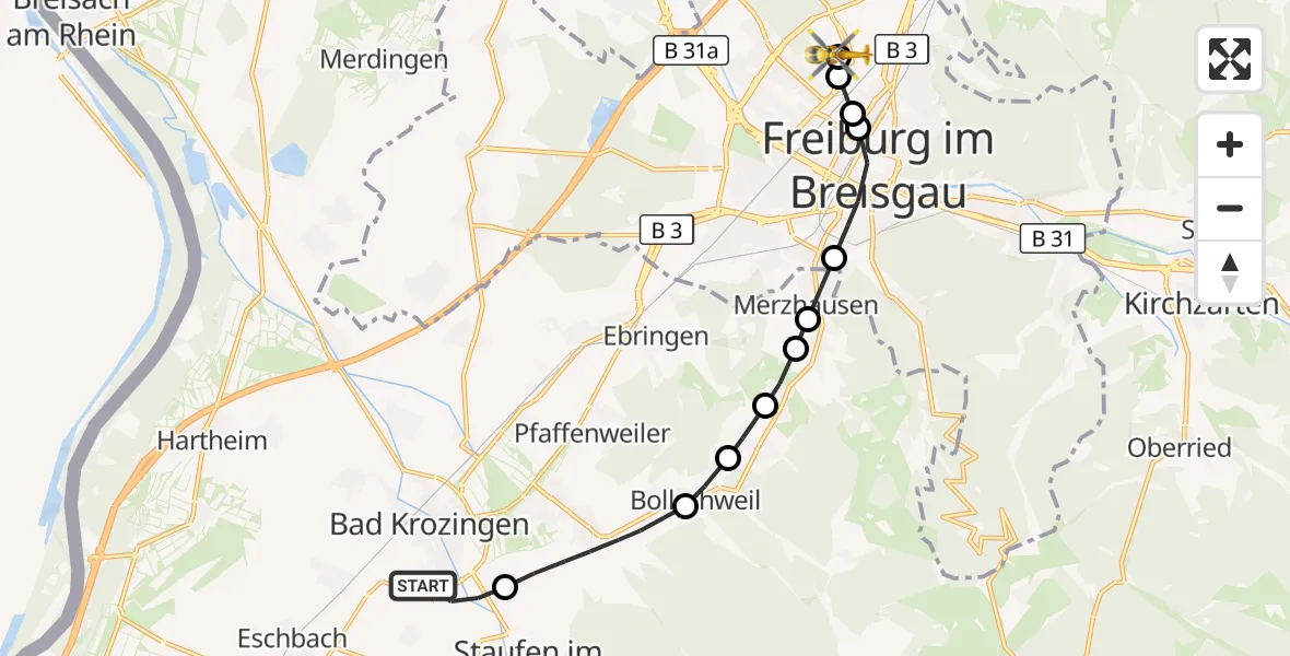 Flugroute Ambulanzhubschrauber Bad Krozingen - Freiburg im Breisgau Flugplatz, 28 September 2026, 09:05