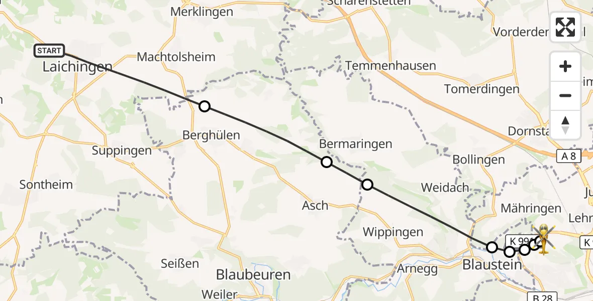 Flugroute Rettungshubschrauber Laichingen - Ulm Military Hospital Emergency, 28 September 2026, 09:07