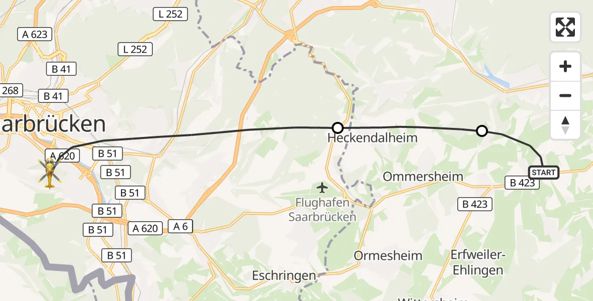 Flugroute Rettungshubschrauber Blieskastel - Saarbrücken, 28 September 2026, 09:12