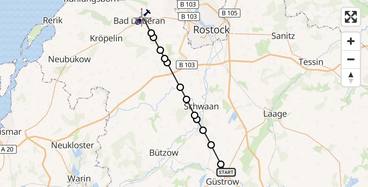 Flugroute Polizeihubschrauber Güstrow - Bad Doberan, 28 September 2026, 09:19
