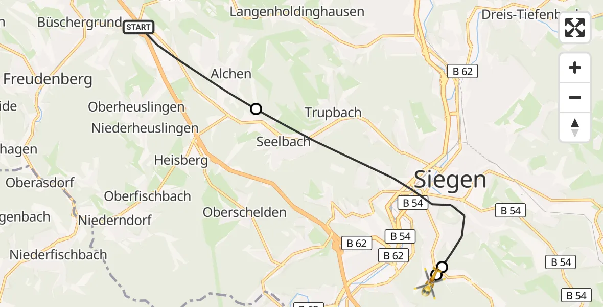 Flugroute Rettungshubschrauber Freudenberg - Evangelisches Jung-Stilling Hospital, 28 September 2026, 09:24