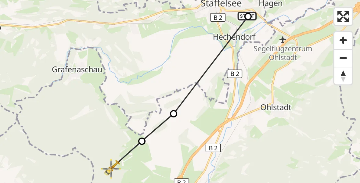 Flugroute Rettungshubschrauber Murnau Accident Hospital - Schwaigen, 28 September 2026, 09:24