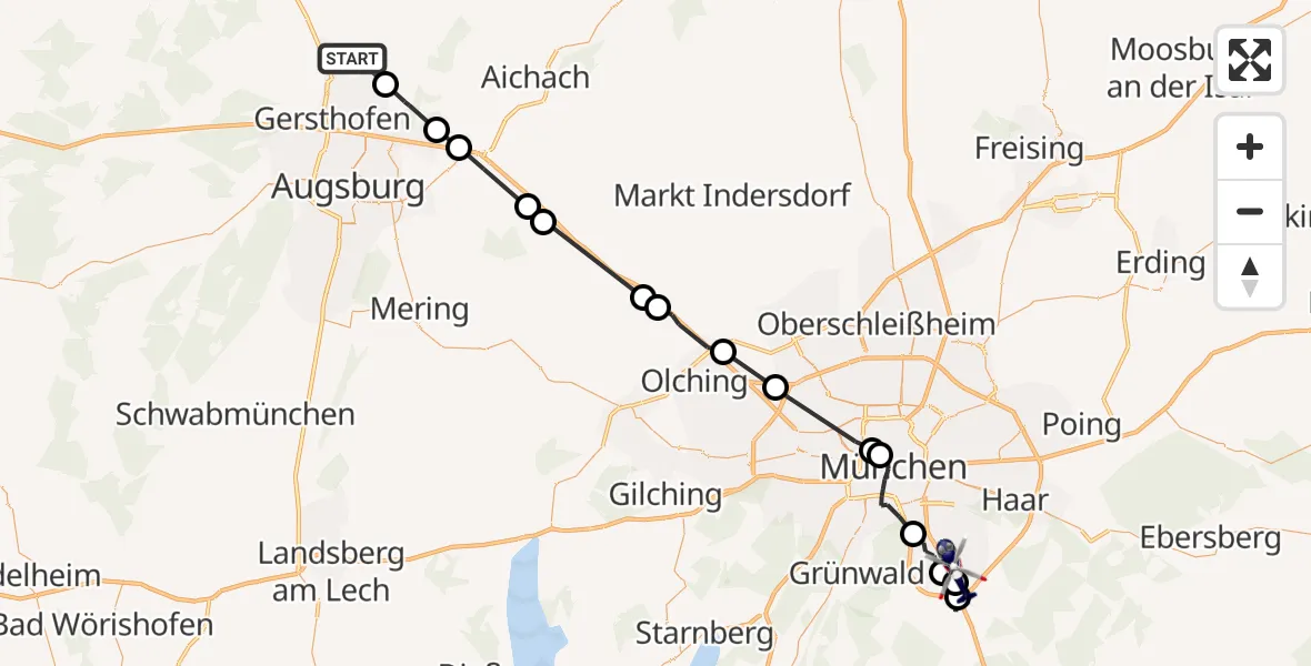 Flugroute Polizeihubschrauber Rehling - Olching, 28 September 2026, 09:33