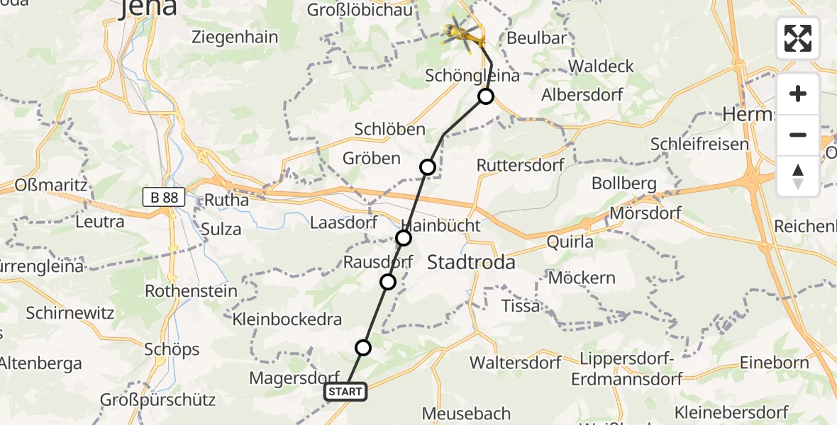 Flugroute Rettungshubschrauber Unterbodnitz - Schöngleina, 28 September 2026, 09:40