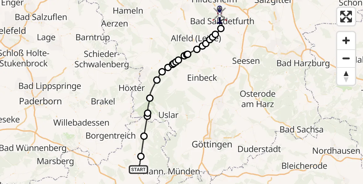 Flugroute Polizeihubschrauber Grebenstein - Diekholzen, 28 September 2026, 09:41