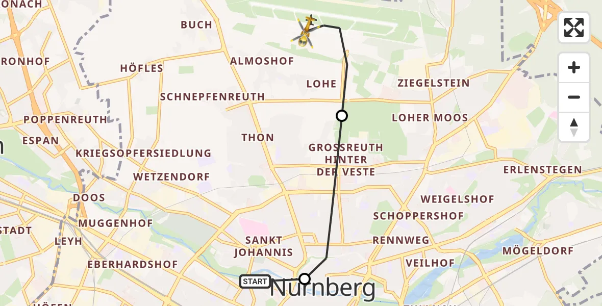 Flugroute Ambulanzhubschrauber Deutschherrnwiese Hubschrauberlandeplatz - Flughafen Nuremberg, 28 September 2026, 09:41