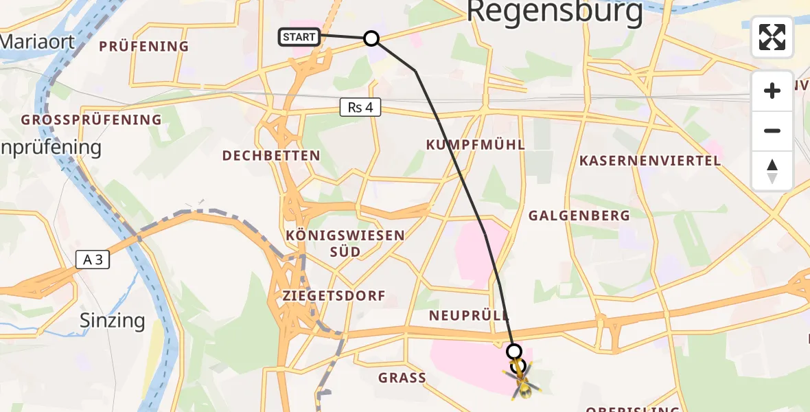 Flugroute Rettungshubschrauber Barmherzige Brüder (Brothers of Mercy) Hospital Regensburg - DRF Air Rescue Station Regensburg / Regensburg University Hospital, 28 September 2026, 09:51