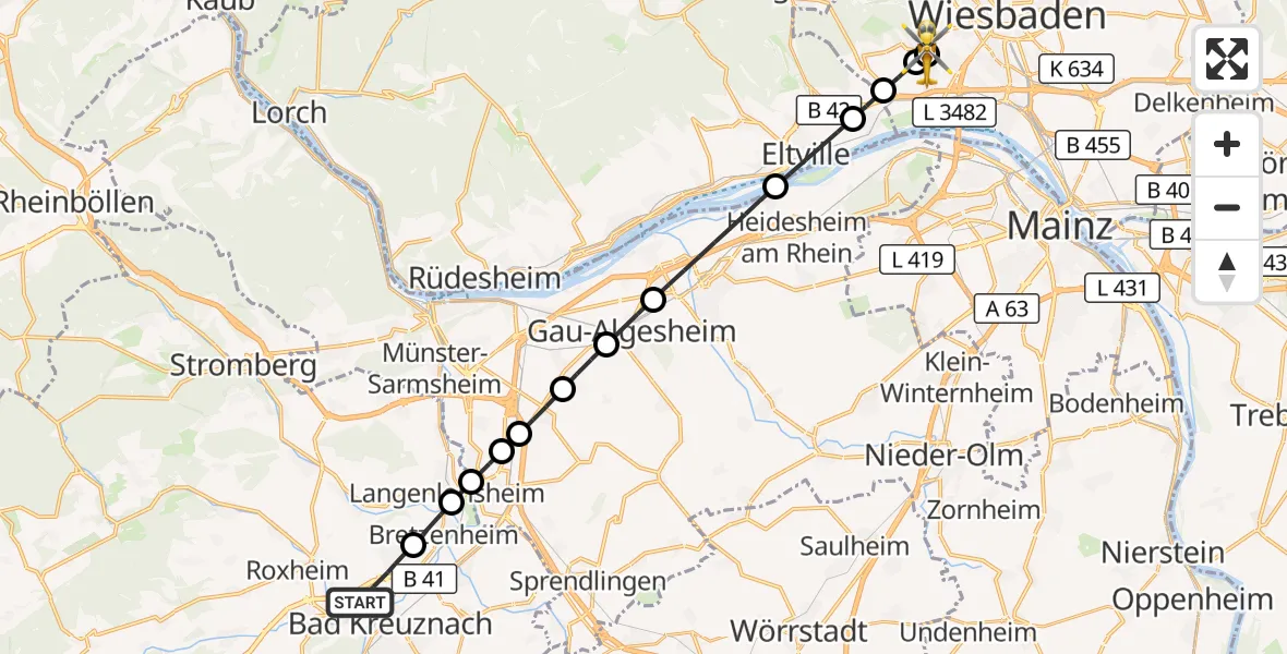 Flugroute Rettungshubschrauber Bad Kreuznach - Helios Horst Schmidt Klinik (HSK) Hubschrauberlandeplatz, 28 September 2026, 10:01