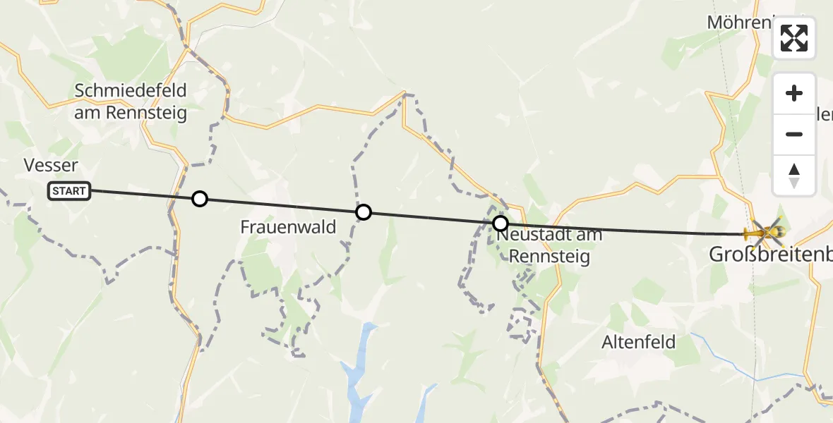 Flugroute Rettungshubschrauber Suhl - Großbreitenbach, 28 September 2026, 10:03