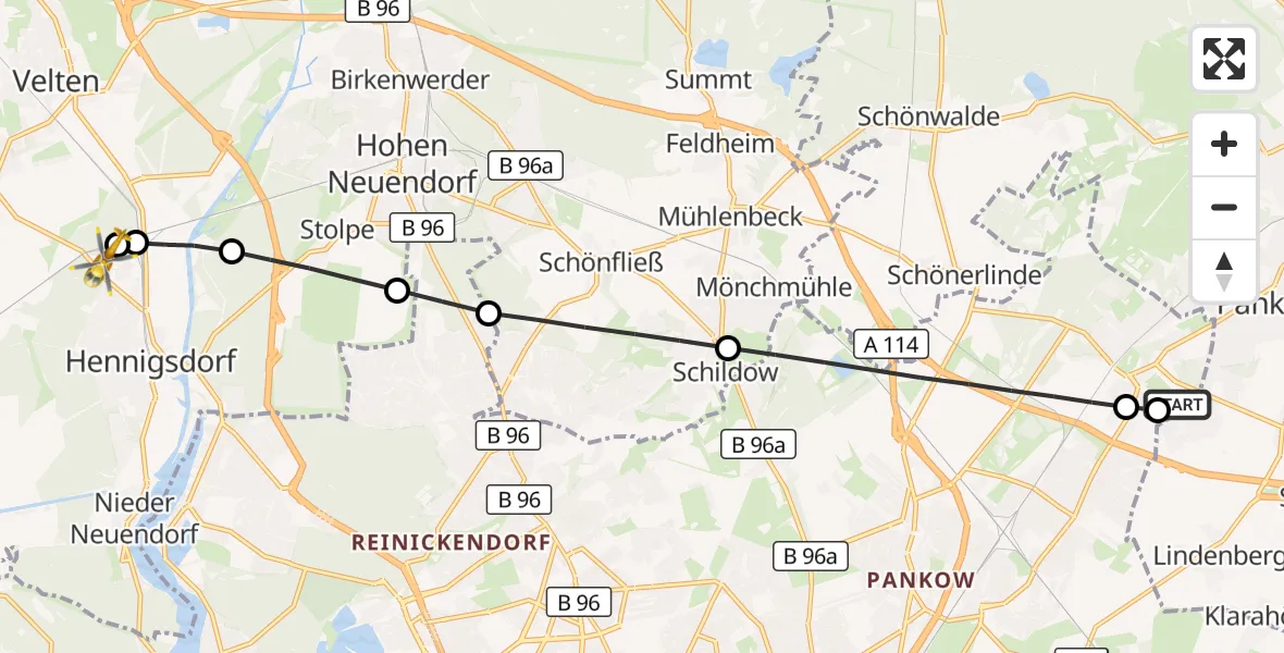 Flugroute Rettungshubschrauber Helios Clinic Berlin-Buch - Hennigsdorf, 28 September 2026, 10:05