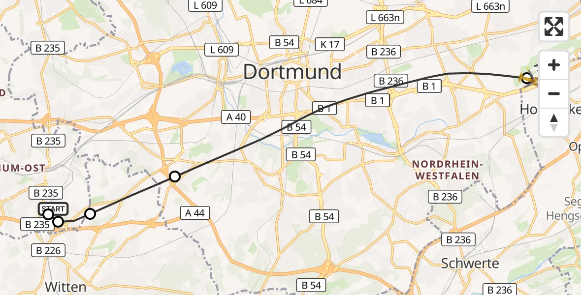 Flugroute Rettungshubschrauber Bochum University Miners' Hospital - Dortmund Flughafen, 28 September 2026, 10:07