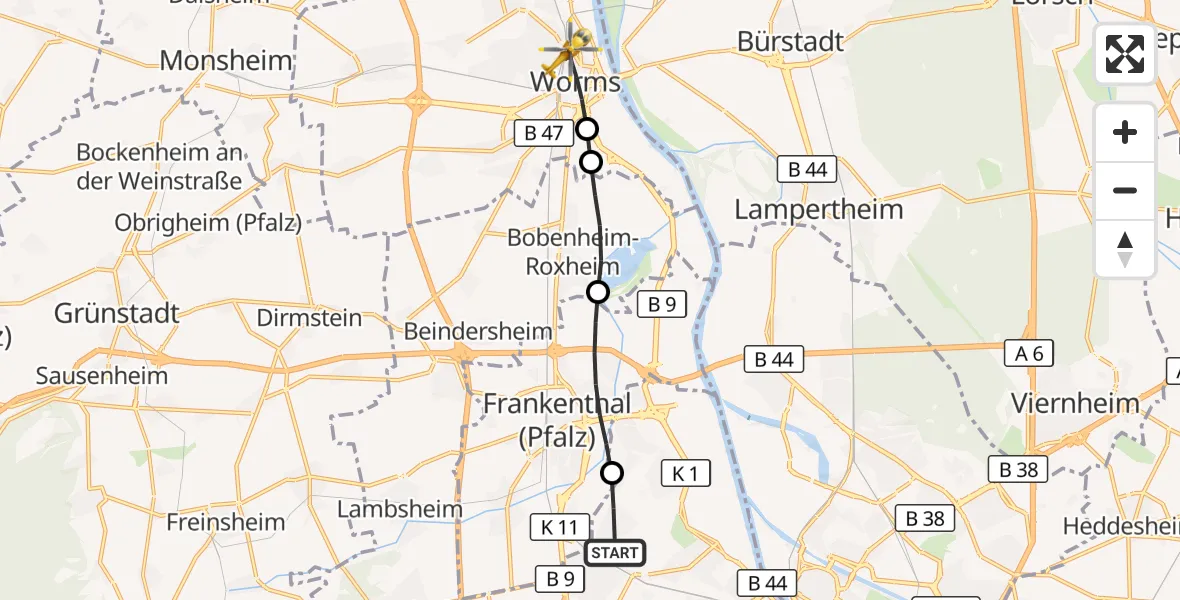 Flugroute Rettungshubschrauber Ludwigshafen am Rhein - Worms, 28 September 2026, 10:10