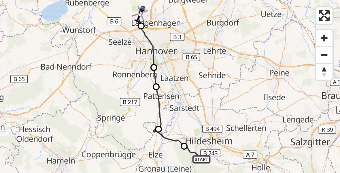 Flugroute Polizeihubschrauber Hildesheim - Flughafen Hannover, 28 September 2026, 10:11
