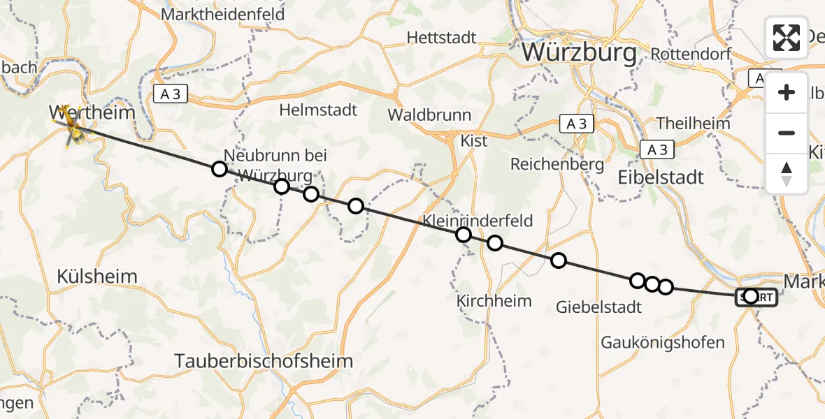 Flugroute Rettungshubschrauber Ochsenfurt Hospital - Wertheim, 28 September 2026, 10:16