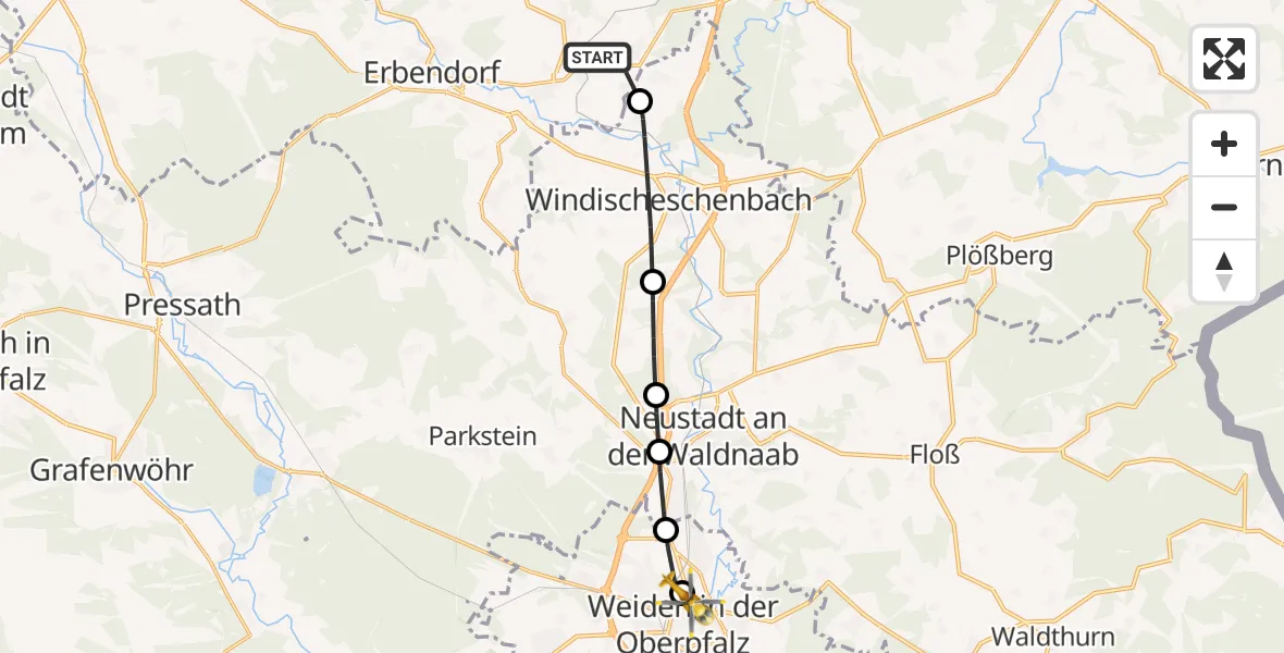 Flugroute Ambulanzhubschrauber Reuth b.Erbendorf - Weiden Hospital, 28 September 2026, 10:21