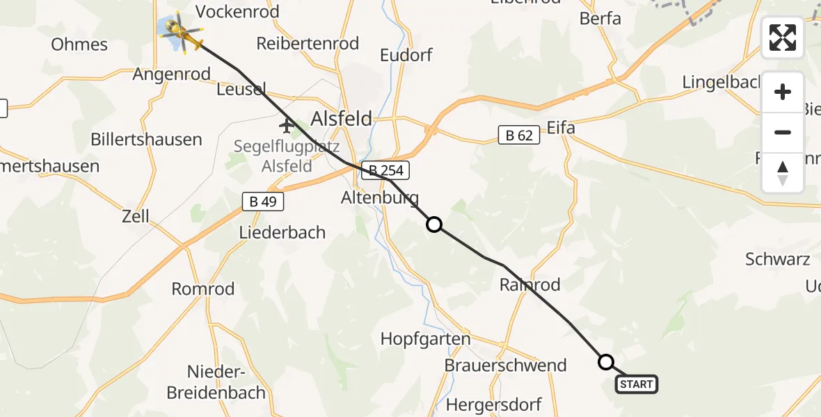 Flugroute Rettungshubschrauber Lauterbach (Hessen) - Alsfeld, 28 September 2026, 10:27
