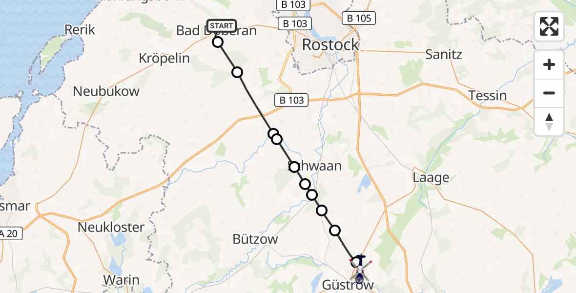 Flugroute Polizeihubschrauber Bad Doberan - Güstrow, 28 September 2026, 10:31